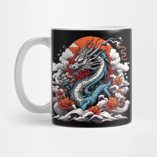 Dragon against the backdrop of a setting sun bathed in ocean waves Mug